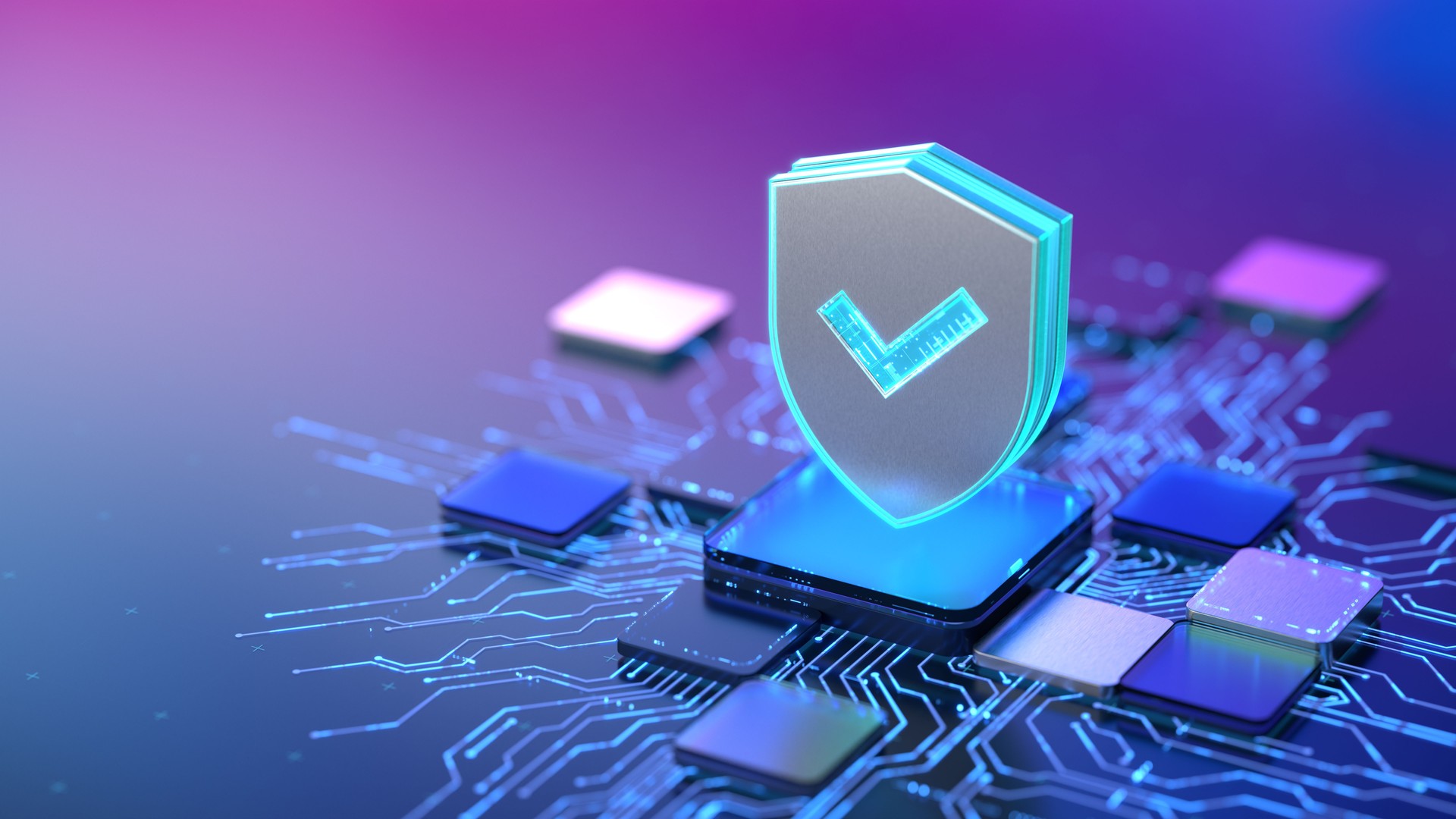 3d Icon of Stainless Steel Shield With Holographic glows as Symbol Of Cyber Security Over A Futuristic Circuit Board. Digital Protection Concept