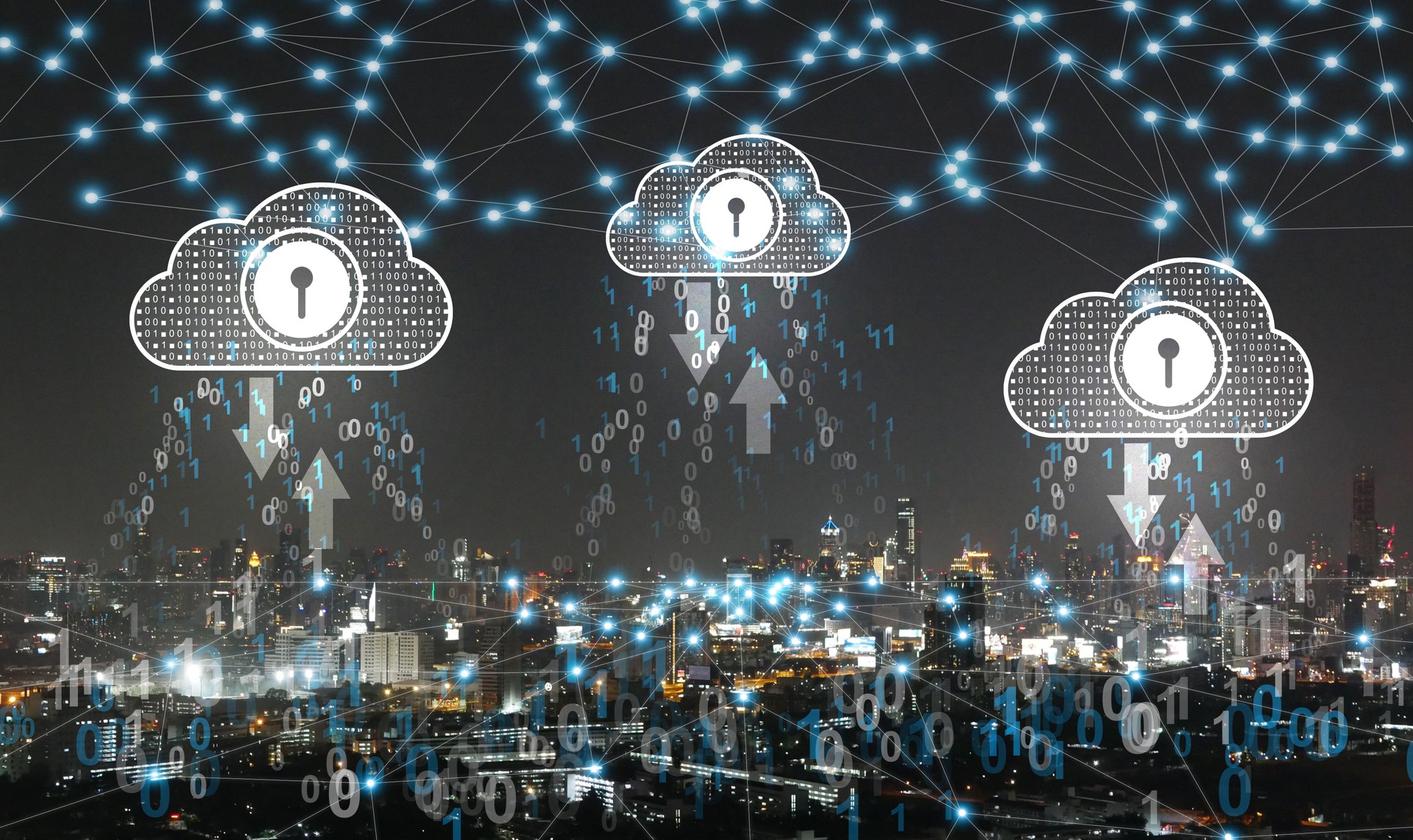 Cloud data security and network connection concept showing encrypted information transfer over smart city with digital communication and technology innovation.
